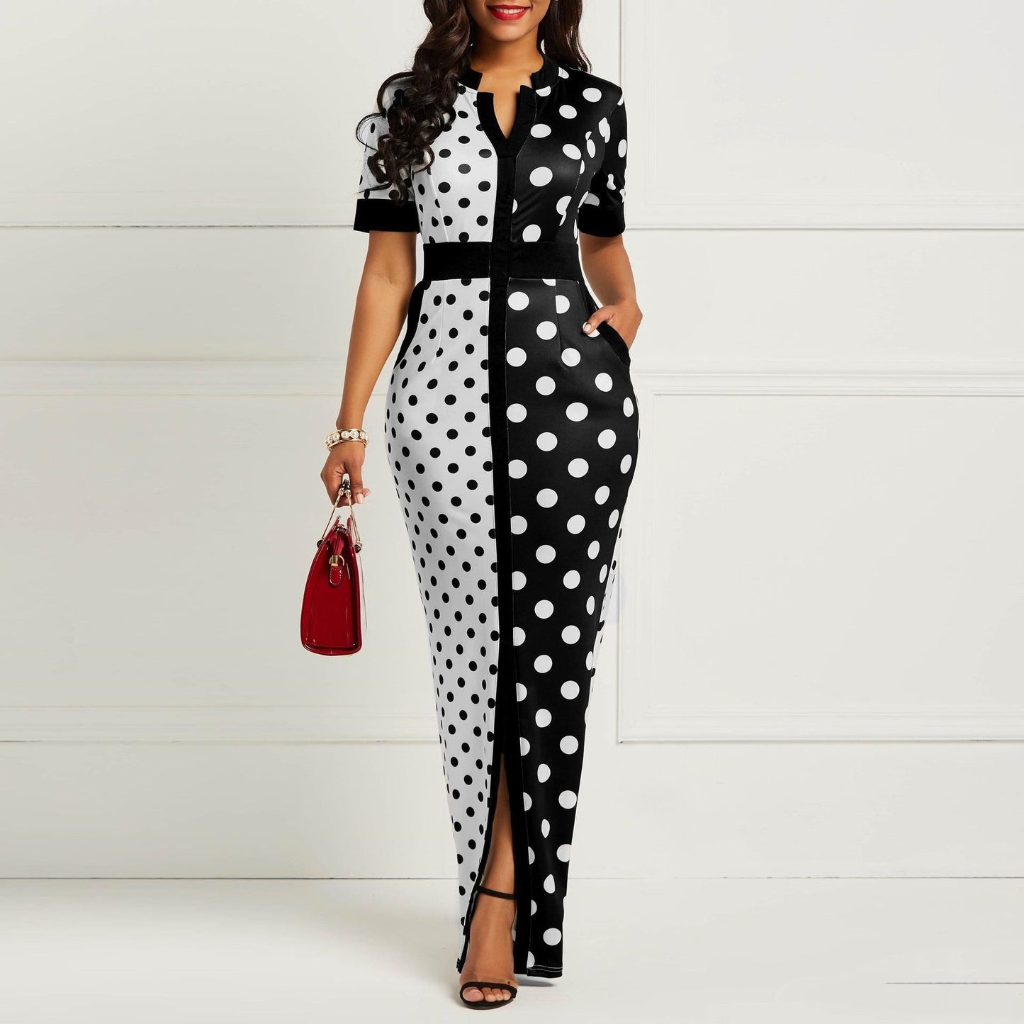 Ladies V-Neck Splice Office Party Dress.