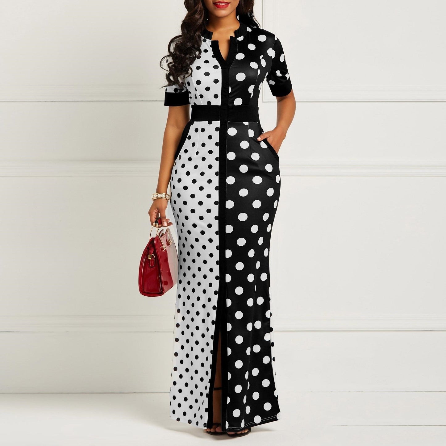 Ladies V-Neck Splice Office Party Dress.