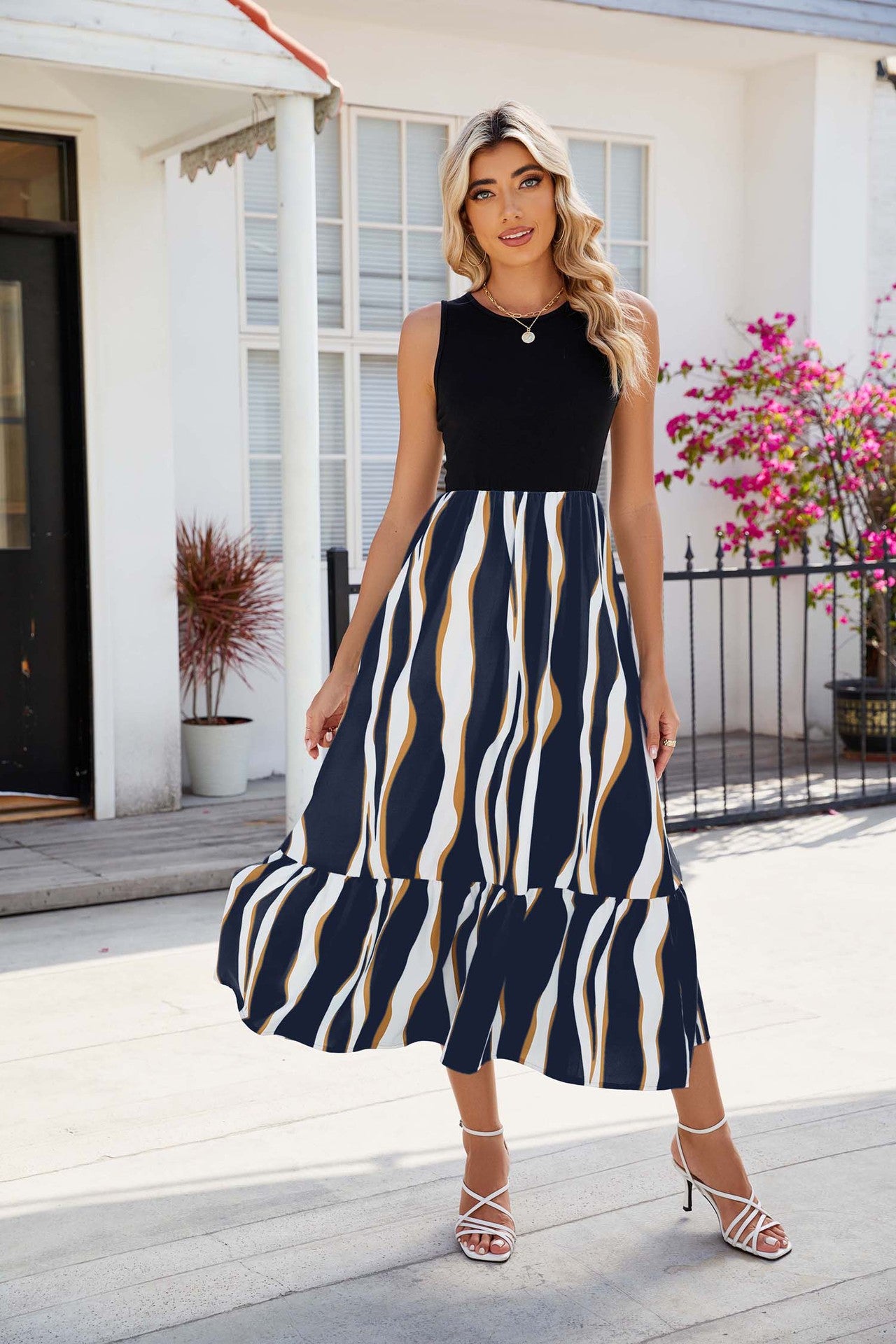 Sleeveless Fashion Striped Print Dress