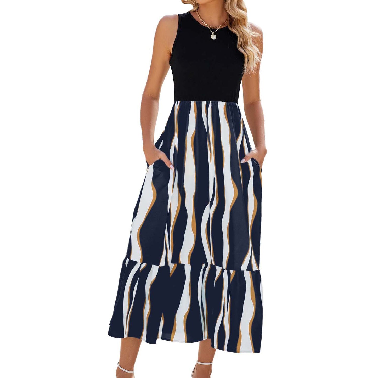 Sleeveless Fashion Striped Print Dress