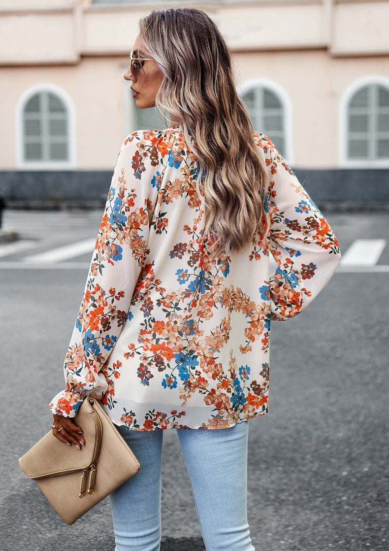 Women's Floral Print V-Neck Chiffon Blouse