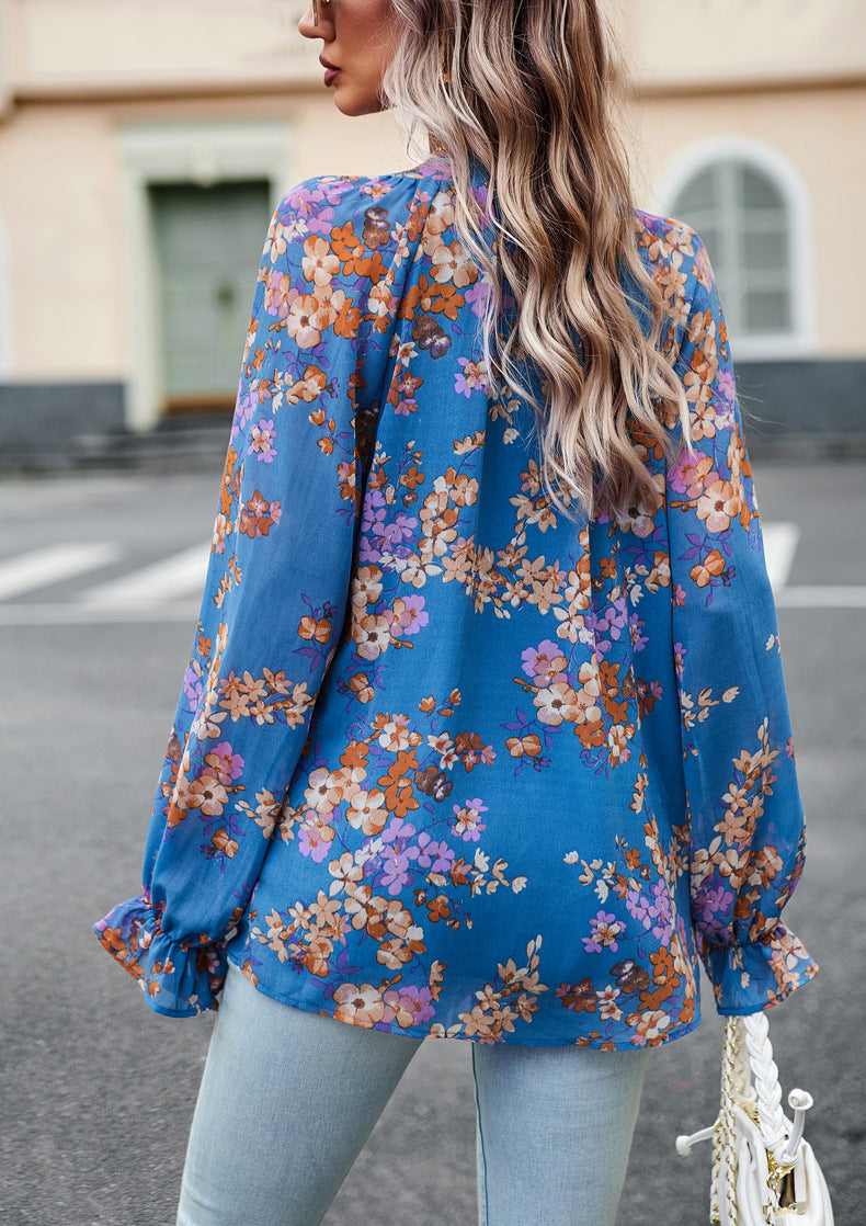 Women's Floral Print V-Neck Chiffon Blouse