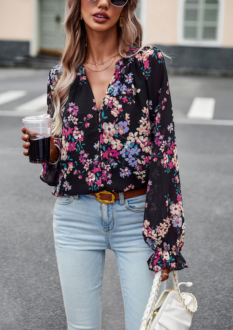 Women's Floral Print V-Neck Chiffon Blouse