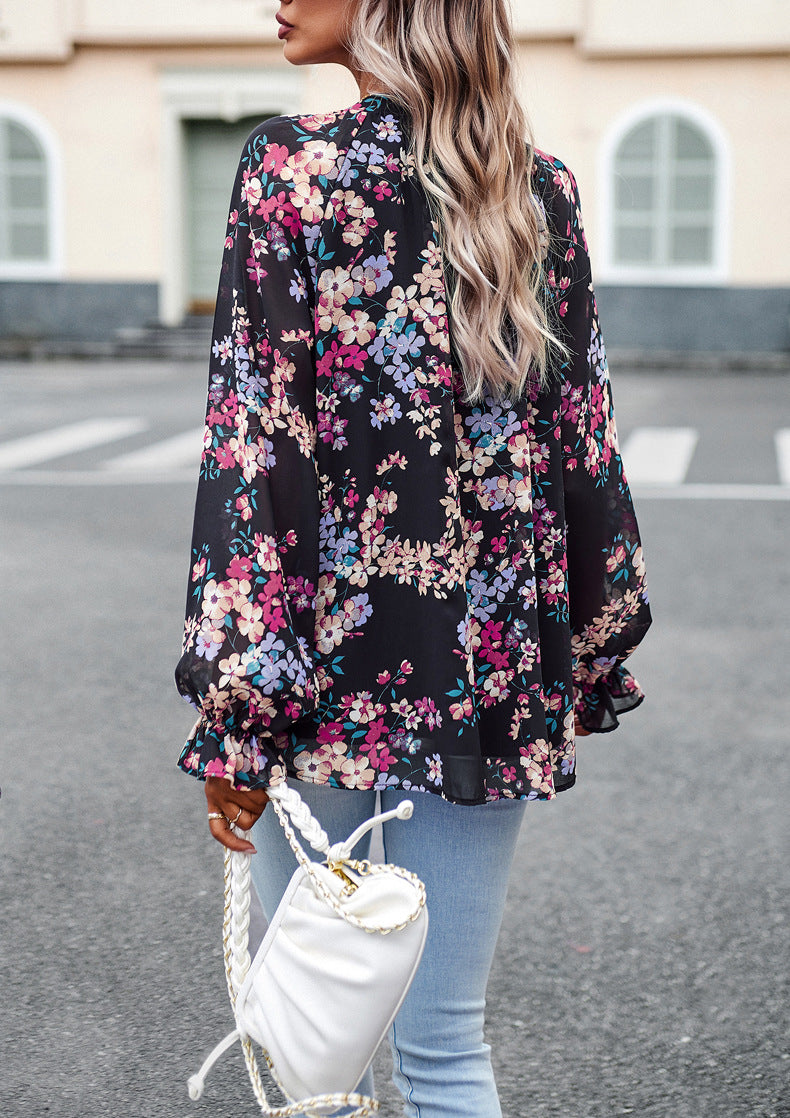 Women's Floral Print V-Neck Chiffon Blouse