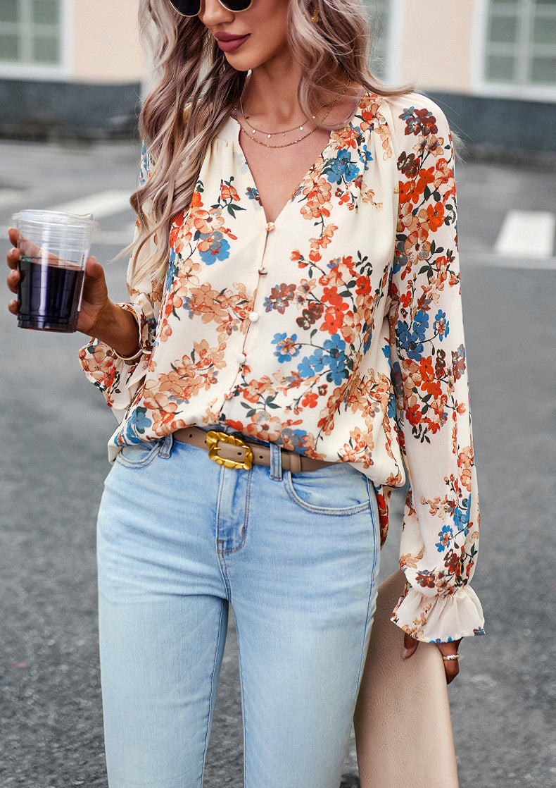 Women's Floral Print V-Neck Chiffon Blouse