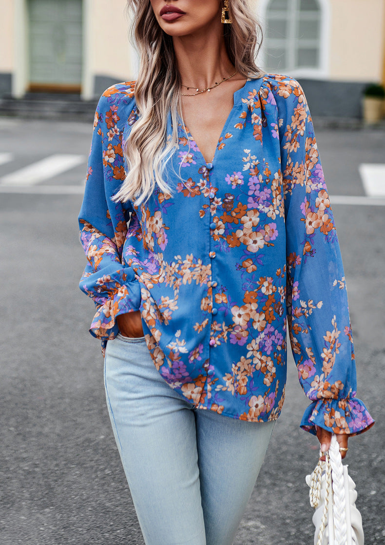 Women's Floral Print V-Neck Chiffon Blouse