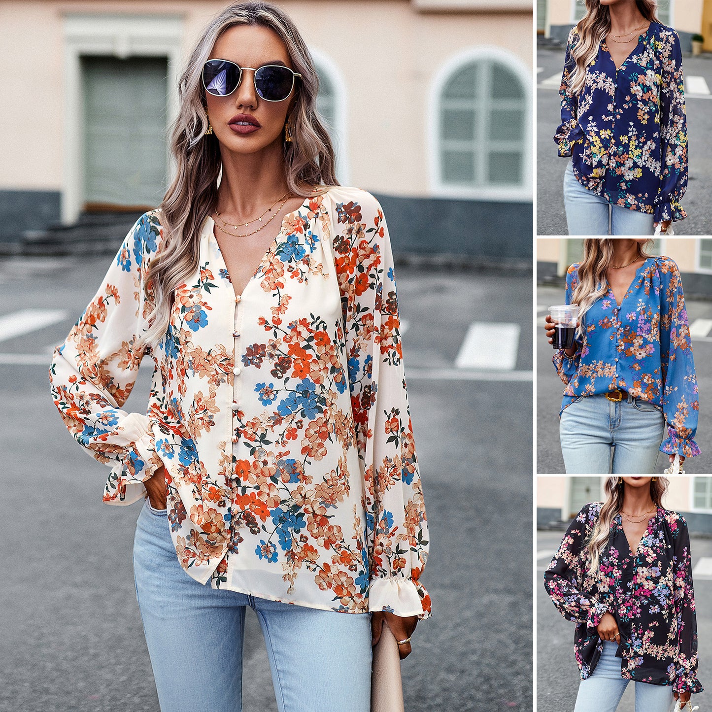 Women's Floral Print V-Neck Chiffon Blouse