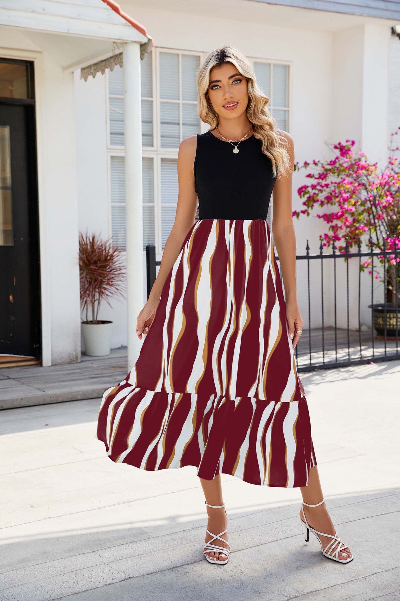 Sleeveless Fashion Striped Print Dress