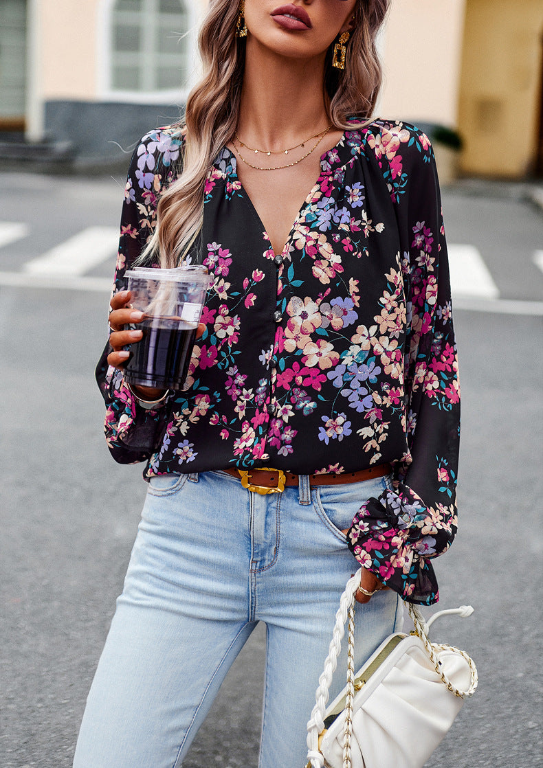Women's Floral Print V-Neck Chiffon Blouse