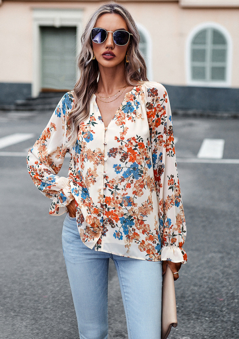 Women's Floral Print V-Neck Chiffon Blouse
