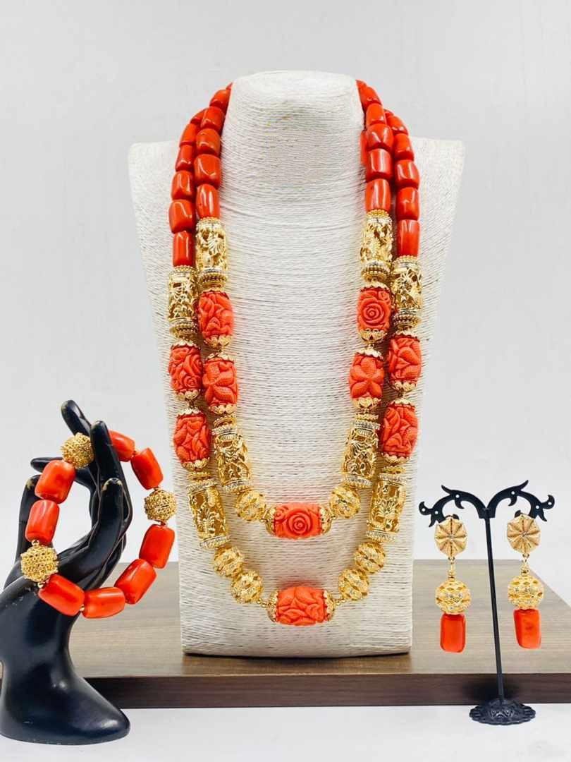 Coral Beaded Necklace with Bracelet and Earrings