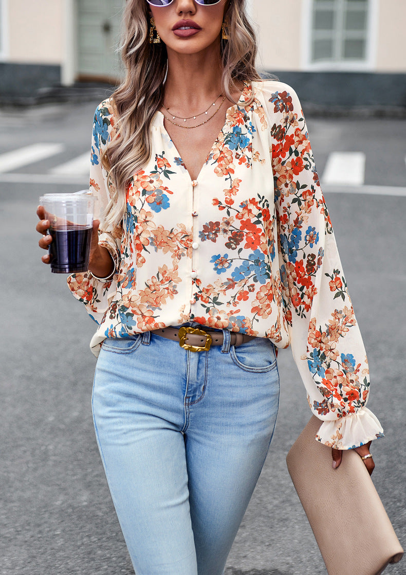 Women's Floral Print V-Neck Chiffon Blouse