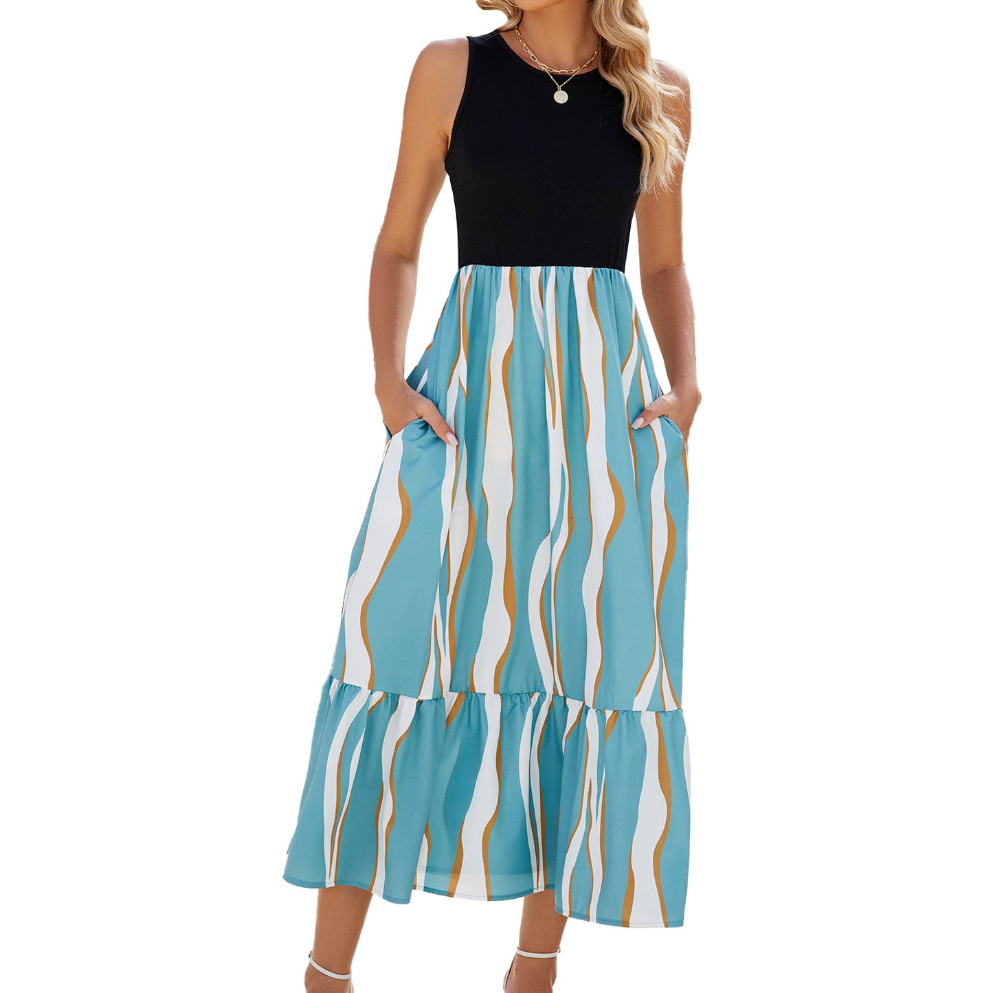 Sleeveless Fashion Striped Print Dress