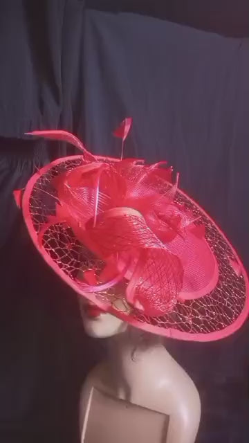 Red Crinoline Designed Fascinator with touch of Feathers