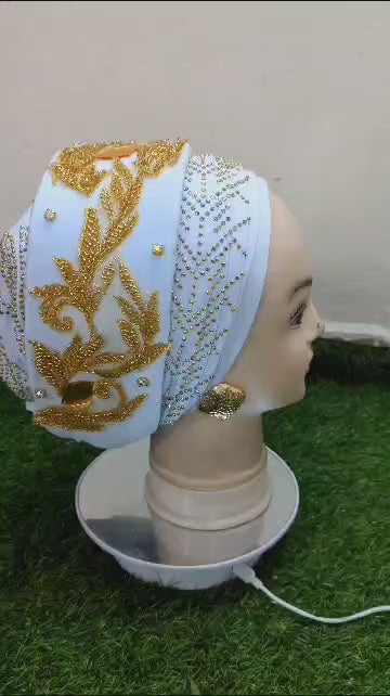 White and Gold Turquise Designed Turban